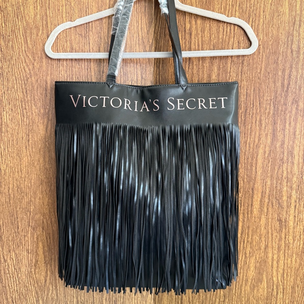 NWT Victoria’s Secret Limited Edition Black Faux Leather Fringed Tote Bag